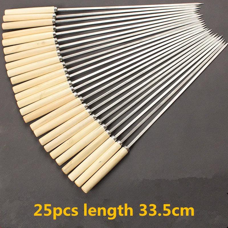 

25PCS BBQ Stainless Steel Barbecue sticks Wooden Handles Mutton Needle Skewers Tools Supplies Accessories Meat Skewers 33.5cm