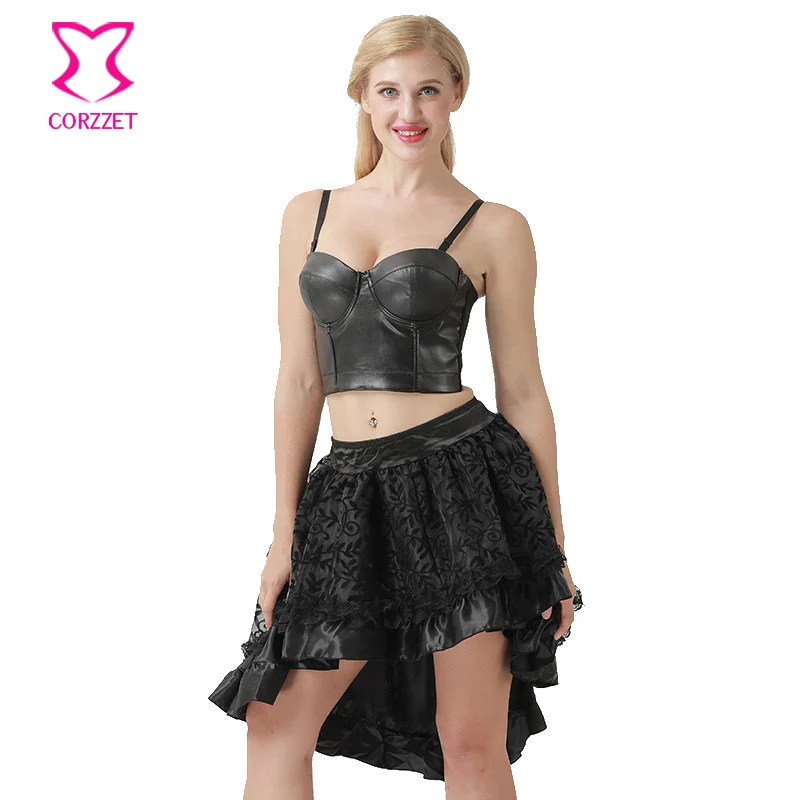 

Corzzet Sexy Gothic Black PU Leather Strap Busters Racer Bra&Dress Burlesque Women Dance Clubwear Lingerie Steampunk Clothing