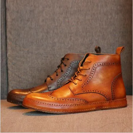 

British style retro shoes men boots Bullock high top casual shoes genuine leather carved lace up flat shoes brown/red/black EU44