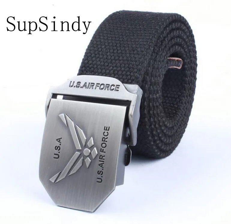 Black SupSindy мужские и wo мужские холщовые пояса ВВС США с металлической пряжкой Роскошные джинсовые ремни для мужчин винтажные Тактические пояса военный ремень мужской - Цвет: Black
