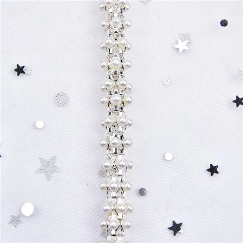 silver with pearl 1 ярд/Лот, стразы, отделка, прозрачный кристалл, AB Цвет, цепочка с жемчугом, стекло, камень, серебро, золото, блестящая веревка, SS28, 6 мм, для свадьбы - Цвет: silver with pearl
