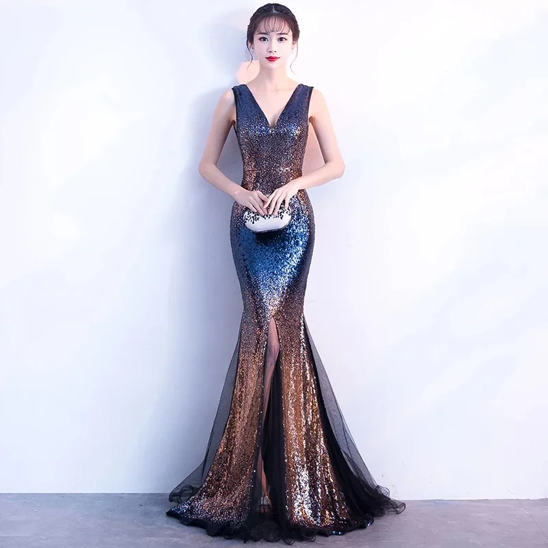 Robe De Soiree YIDINGZS длинное вечернее платье с v-образным вырезом и блестками, Сексуальные вечерние платья на выпускной, Новое поступление, YD1378