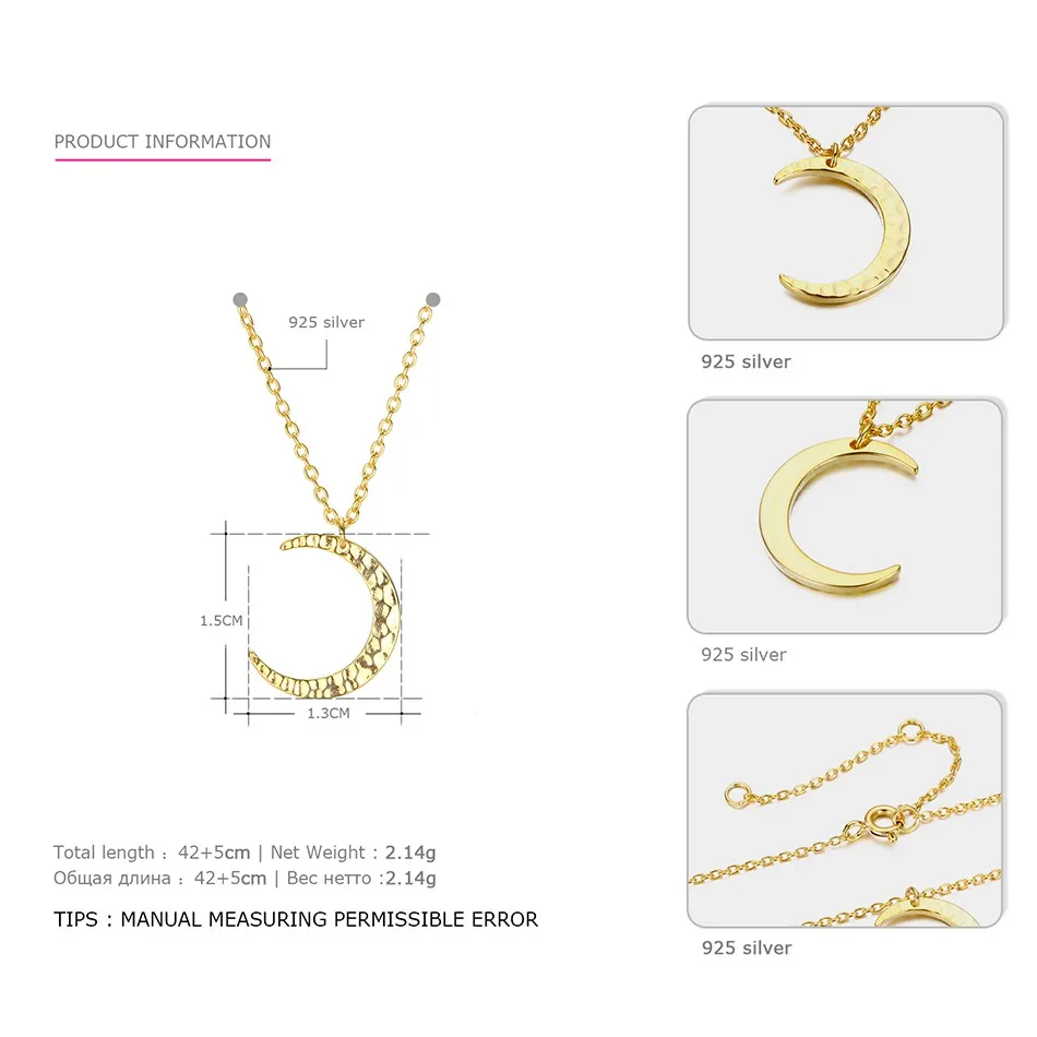 e-Manco Elegant Moon Pendant Necklace for Women 925 Sterling Silver Statement Necklaces Silver Chain Fine Jewelry for women