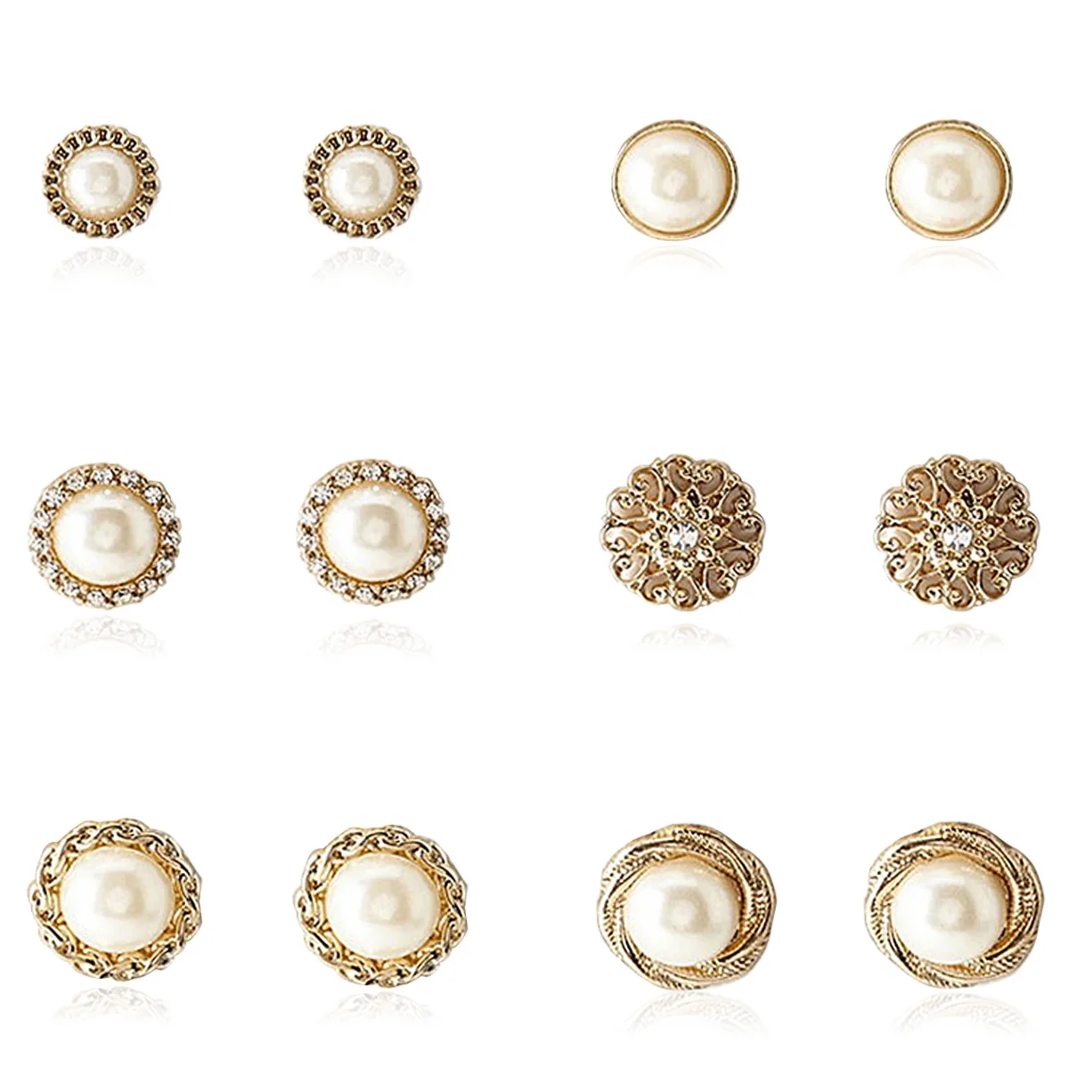 Женские серьги-гвоздики с искусственным жемчугом, 6 пар, винтажные круглые серьги-гвоздики с кристаллами, ювелирное изделие