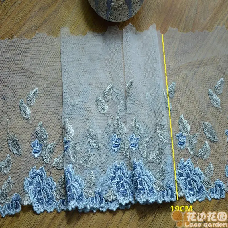 2yds/lot 19 см белый сетки синий цветочной вышивкой кружевной отделкой DIY кружева
