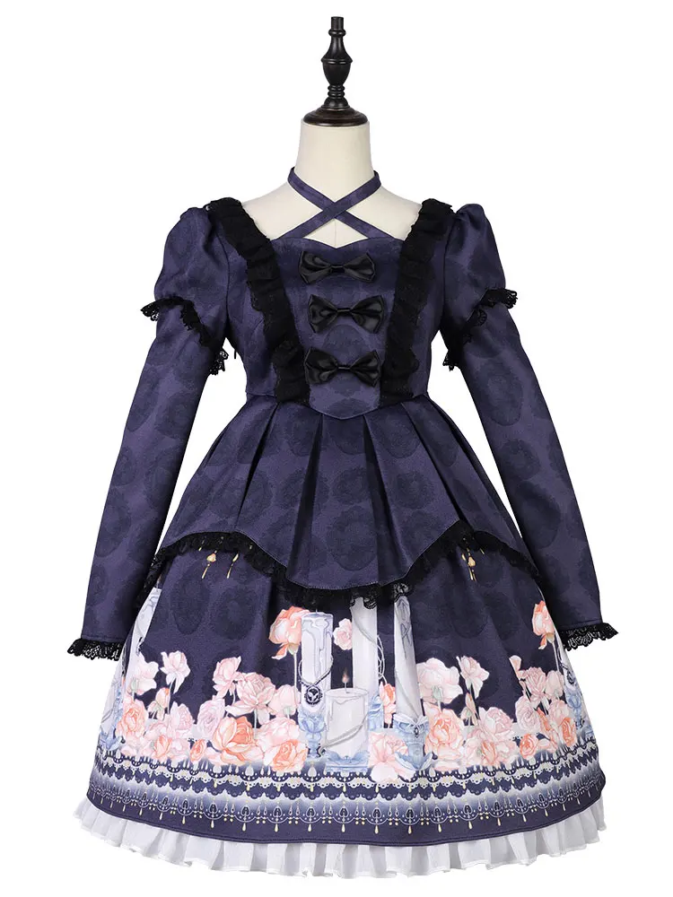 

Classic Lolita One Piece Dress Ruffled Dark Navy Long Sleeve Lolita Dress