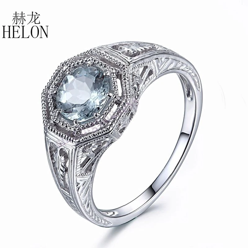 

HELON Solid 14K White Gold Flawless Round Aquamarine Ring Unique Engagement Wedding Gemstone Ring For Women Party Gift Jewelry