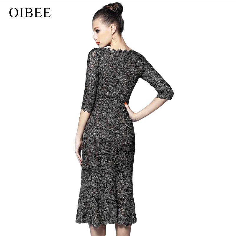 OIBEE, высокое качество, модное, кружевное, полое, три четверти, одноцветное, труба, сексуальное, элегантное, вечернее платье