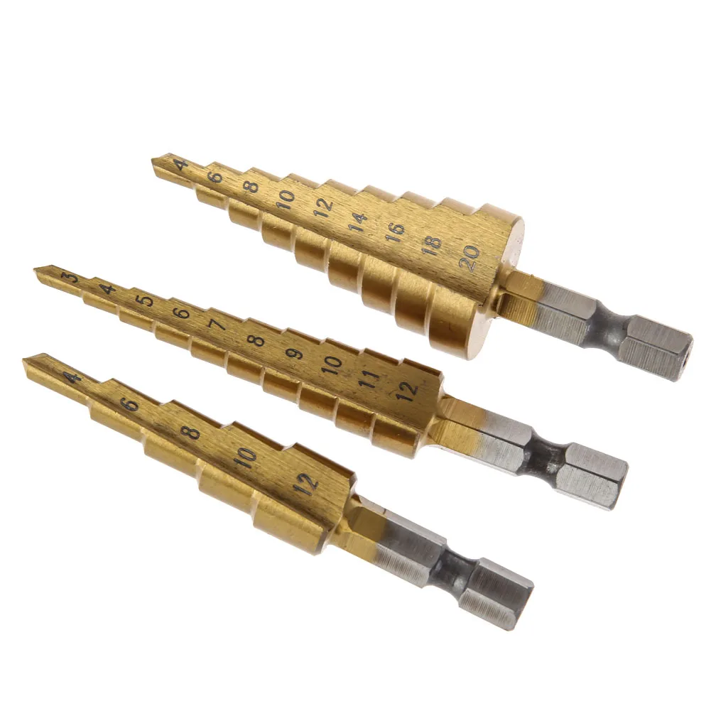 

3pcs Hss Steel Titanium Step Drill Bits 4-12mm 4-20mm 3-12mm Step Cone Cutting Tools Steel Woodworking Wood Metal Drilling Set
