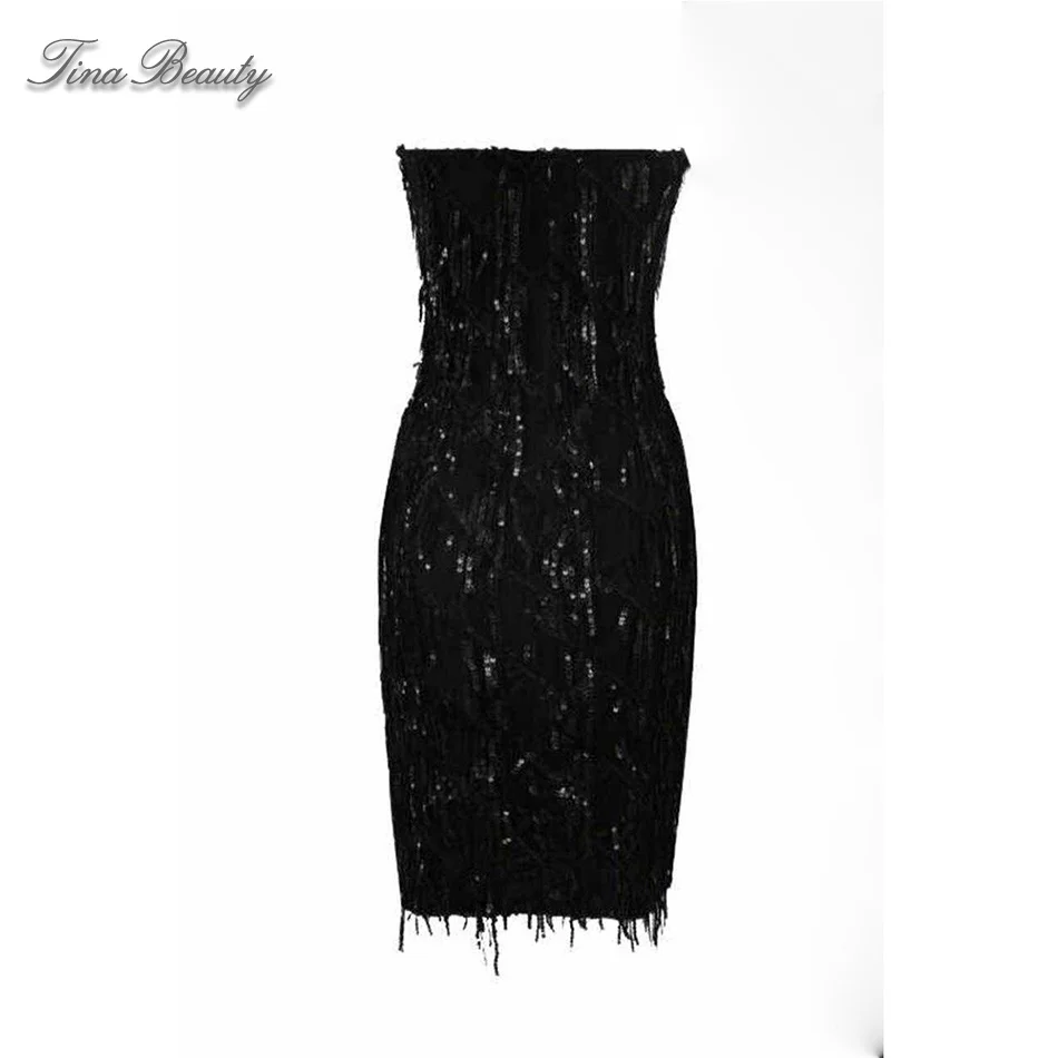 

Tina Beauty Black Strapless Sleeveless Mini Tassels Party Bandage Dress Womens Bare Back Sequined Dresses Vestidos De Fiesta