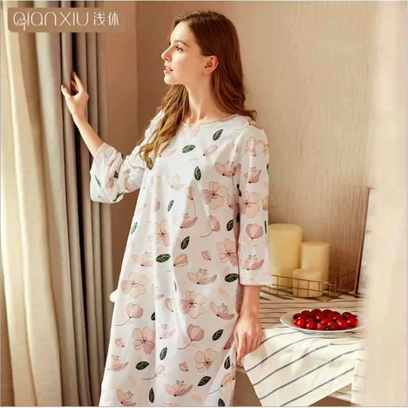 Весна 2020 Женская Милая Ночная рубашка хлопковая ночная женское платье с рукавом