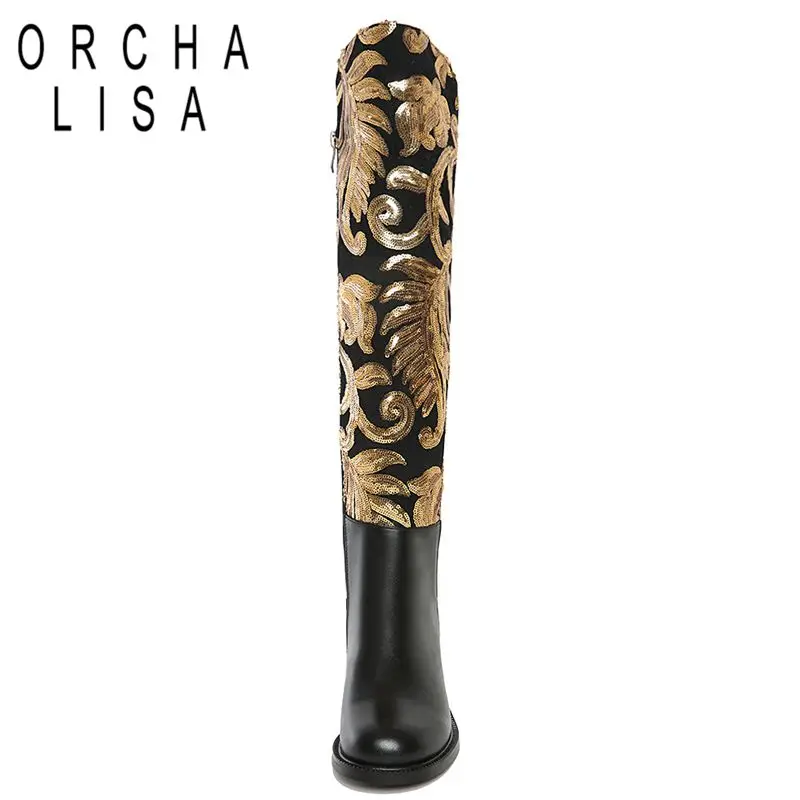 ORCHA LISA/Новая зимняя обувь брендовые блестящие женские сапоги до колена на толстом каблуке больших размеров повседневные теплые сапоги из натуральной кожи на низком каблуке C065
