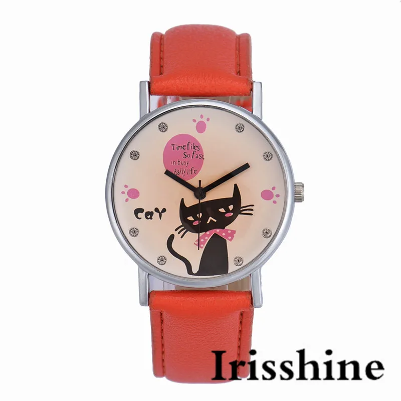 Irisshine i0802 женские часы леди MS девушки студентов Повседневная шкала со стрелкой прекрасный кот PU Кожаный ремешок кварцевые наручные часы в подарок - Цвет: orange