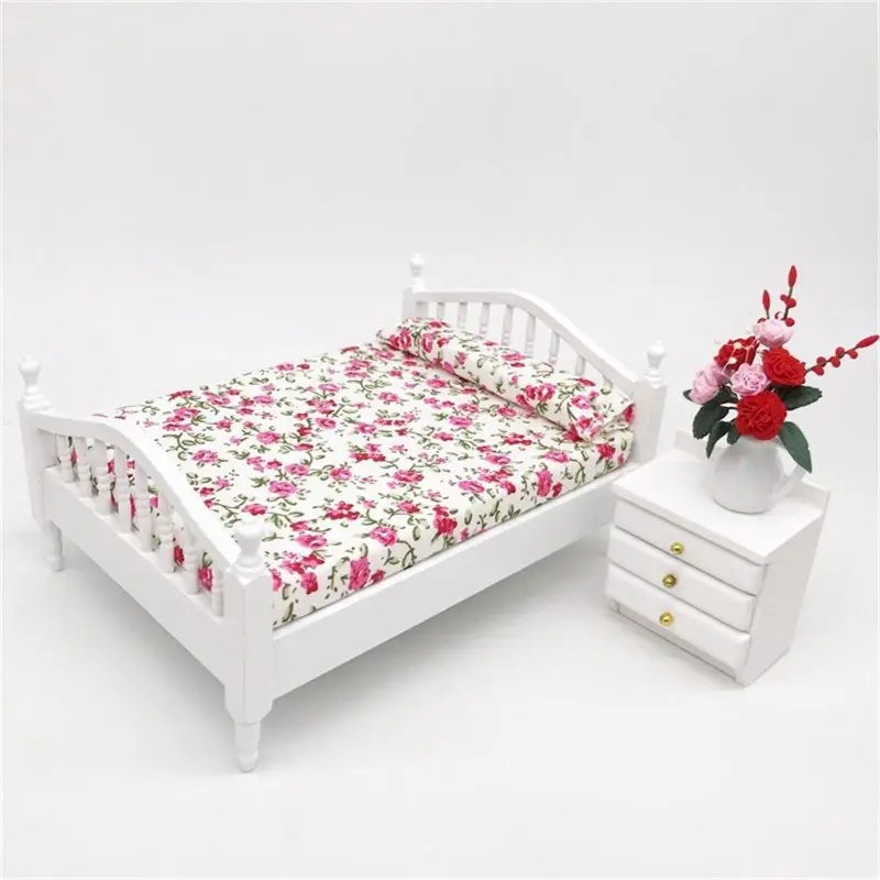 

Free Shipping Dollhouse Accessories Wooden Double Queen Bed Flower Pattern Mini Furniture For 1/12 Scale Doll