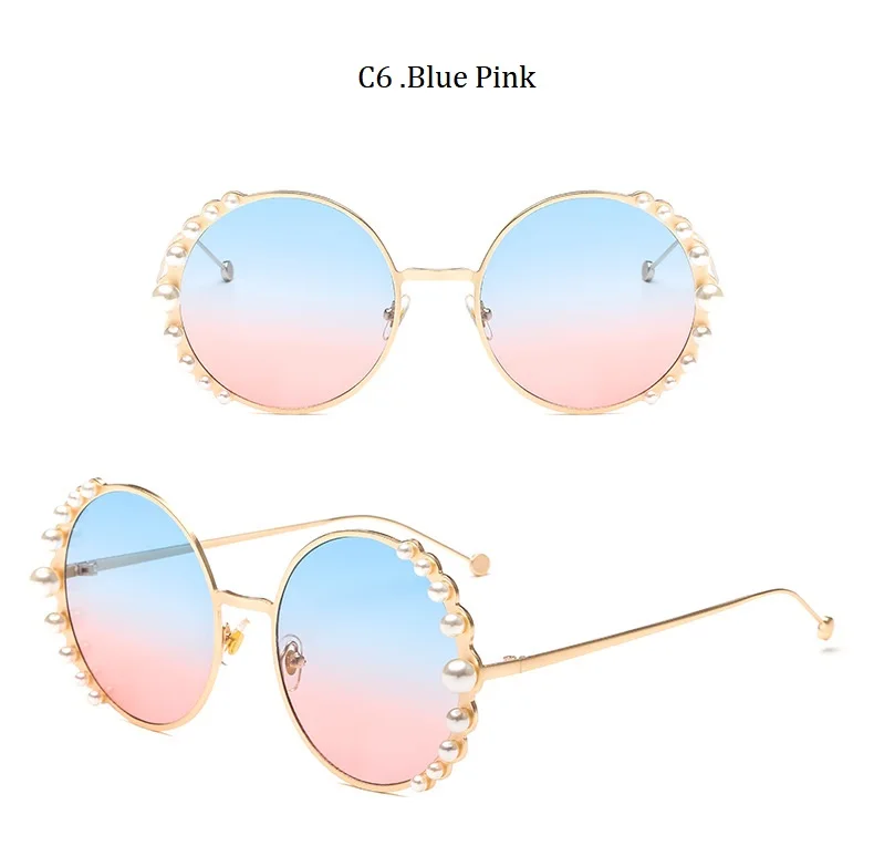 D549 blue pink Круглые женские солнцезащитные очки с бусинами, модная оправа из сплава, брендовые дизайнерские солнцезащитные очки с жемчугом для женщин, коричневые оттенки, UV400, Новинка - Цвет линз: D549 blue pink