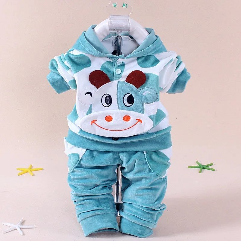 Spring Girls Boys Clothes Kids Set Velvet two years baby girl clothes Cartoon T Shirt Hoodies Pant Velour Children girls cow set | Детская
