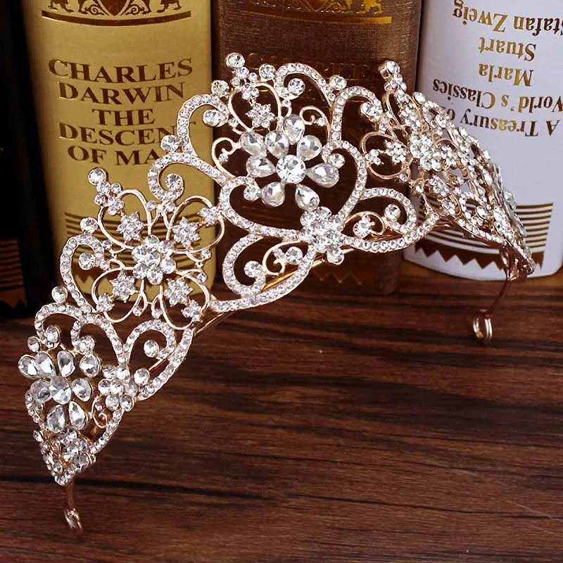 rhinestone crown Лист цвета розовое золото диадемы и короны ободки для женщин Кристалл аксессуары для волос Свадебная королева свадебная диадема украшения для выпускного вечера ювелирные изделия - Окраска металла: rhinestone crown