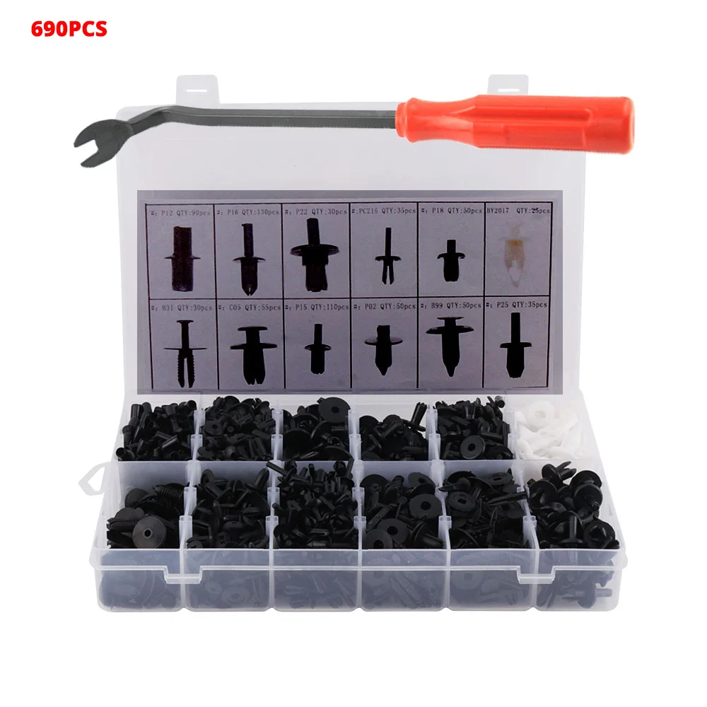 690PCS(Rivets Buckl) BORUiT 12 Автомобильная пластиковая заклепка с крепежом для автоматической двери, защелка с заклепками, фиксатор бампера, фиксатор бампера с коробкой - Название цвета: 690PCS(Rivets Buckl)