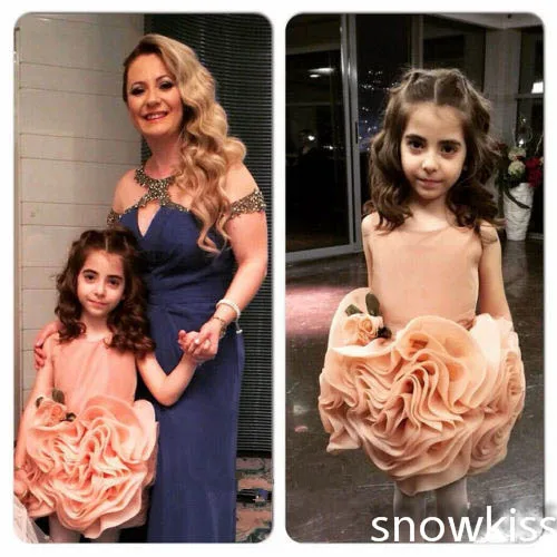 Champagne/pink short ball gowns beautiful flowers satin ruched flower girls dresses nice birthday party gown for wedding | Детская