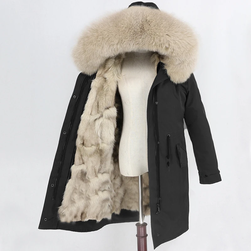 black beige OFTBUY X-long водонепроницаемая верхняя одежда, парка из натурального меха, пальто из натурального Лисьего меха, зимняя куртка для женщин, капюшон из меха енота, теплая Съемная Новинка - Цвет: black beige