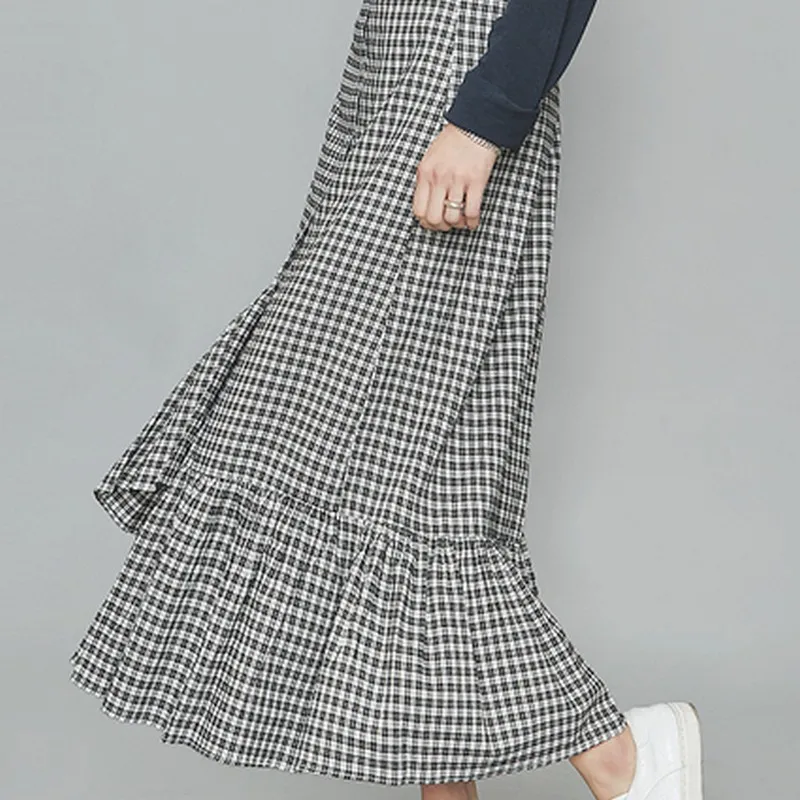 EXOTAO Button Front Асимметричная рюшами Длинные клетчатая юбка для Для женщин сезон: