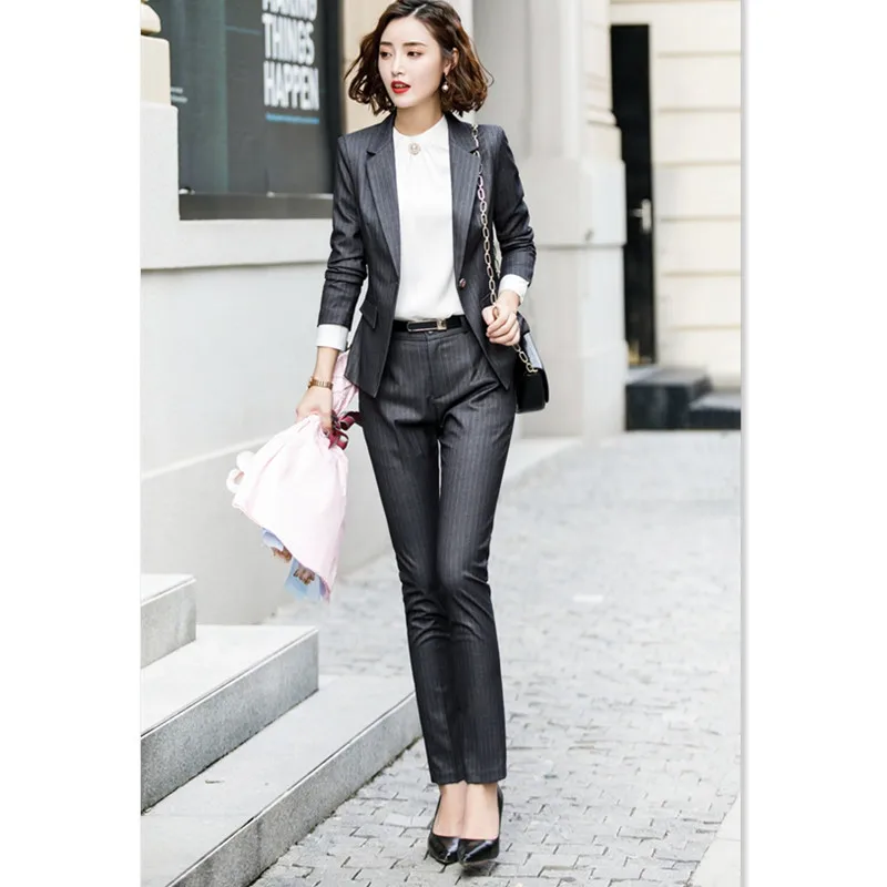 grey pant suit Юбка костюм офисная одежда 4XL плюс размер 2 шт комплект синяя полосатая куртка юбка костюм интервью хост Карьера Леди Рабочий костюм 622 - Цвет: grey pant suit