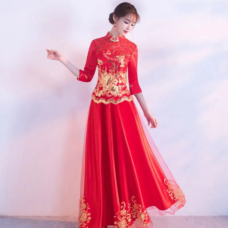 Традиционное Восточное женское платье Qipao красное элегантное кружевное длинное платье Чонсам с вышивкой в цветочек китайское свадебное платье невесты XS-3XL - Цвет: Красный