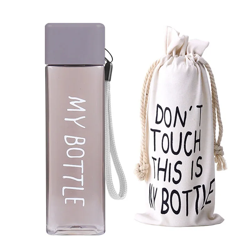 Квадратная пластиковая бутылка My bottle 500 мл для бутылок с водой для питья с веревкой, прозрачная или матовая Спортивная, корейский стиль, термостойкая - Цвет: gray and bag