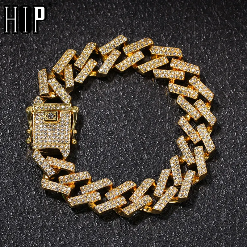 Хип-хоп 15 мм кубинская цепь Bling Iced Out Циркон Стразы Полный AAA проложили Стразы мужские браслеты для мужчин ювелирные изделия