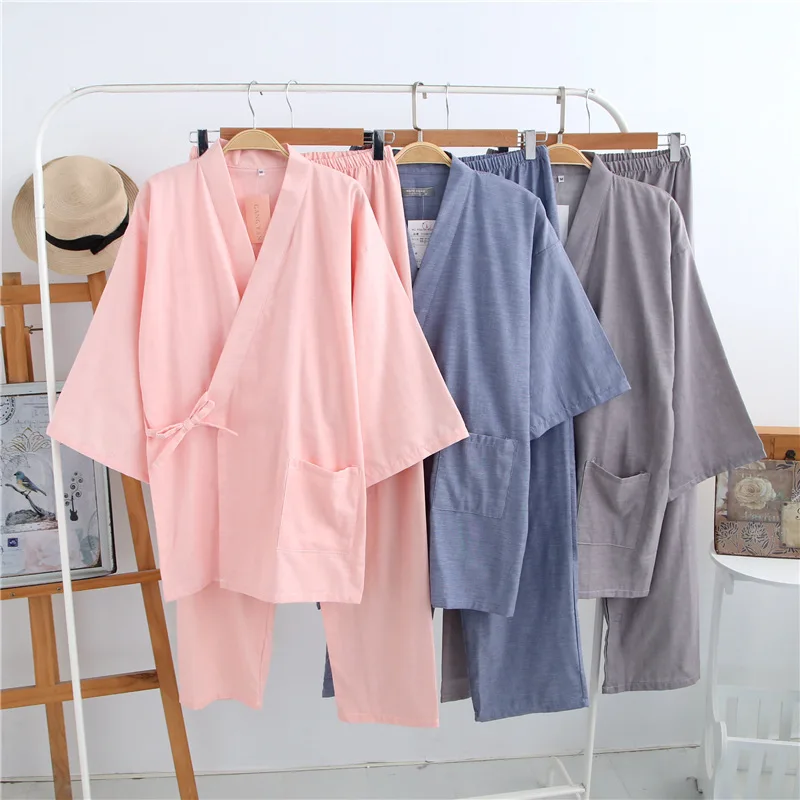 Парные хлопковые Пижамные комплекты Yukata для мужчин и женщин, японское кимоно, халат, топ и штаны, набор, древние китайские пижамы, костюм