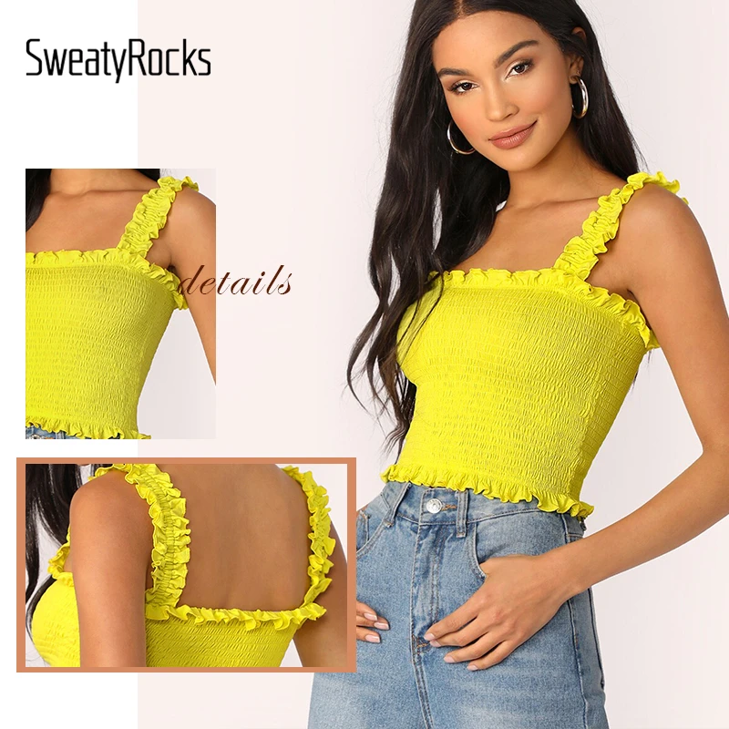 SweatyRocks женский топ с оборками на бретелях и подоле, лето, уличная одежда, Boho Tanks, укороченные однотонные топы, женский эластичный тонкий жилет