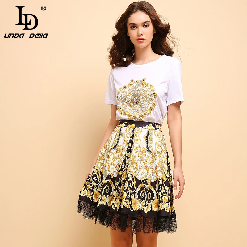 LD LINDA DELLA Fashion Spring Summer Suits Women's Elegant Short Sleeve Beading T-shirt+Vintage Floral Printed Skirt 2Pieces Set