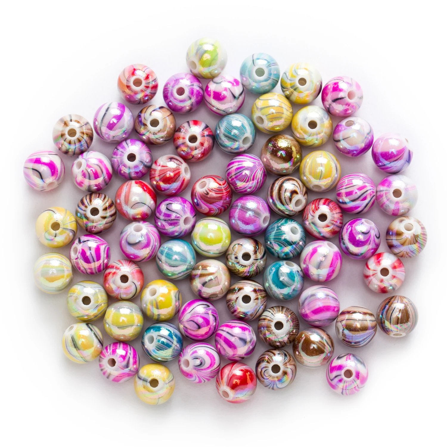 

50 Piece Random Mixed Multicolor Acrylic Round Stripe Pattern Findings Jewelry Making Spacer Beads 10mm