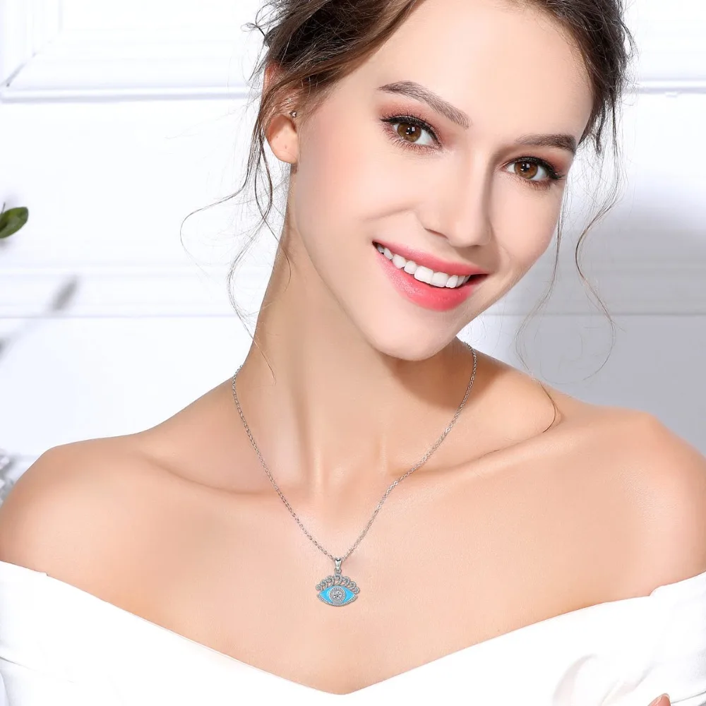 Ожерелье EUDORA из серебра 925 пробы с синей эмалью и кулоном сглаза фианитами