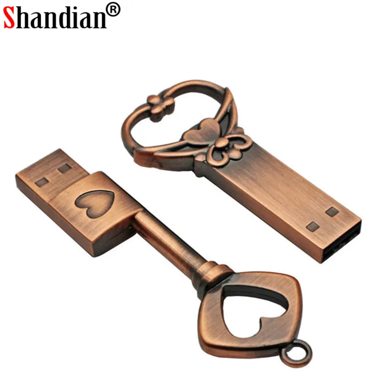 SHANDIAN медный ключ в форме сердца usb флеш-накопитель 4 ГБ 16 ГБ 32 ГБ 64 Гб металлические ключи карта памяти свадебный подарок