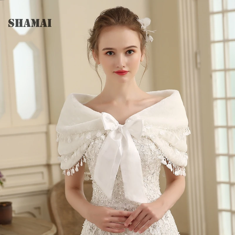 SHAMAI, женская накидка из искусственного меха, зима-осень, теплая, свадебная, кружевная, меховая накидка, болеро, шарф, свадебные, вечерние, накидка