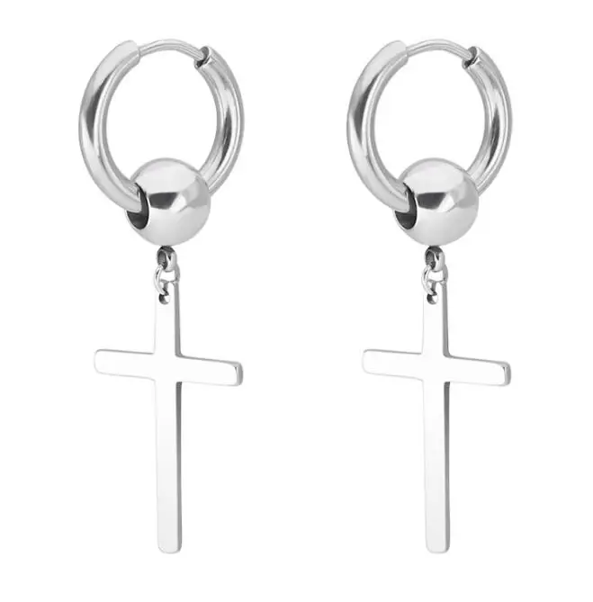 Cross Silver SaYao 2 Pieces Stainless Steel Hoop Earring Skull Cross Tassel Chain Ear Earrings Huggie Earring Jewelry Helix Tragus Boy Men - Окраска металла: Cross Silver