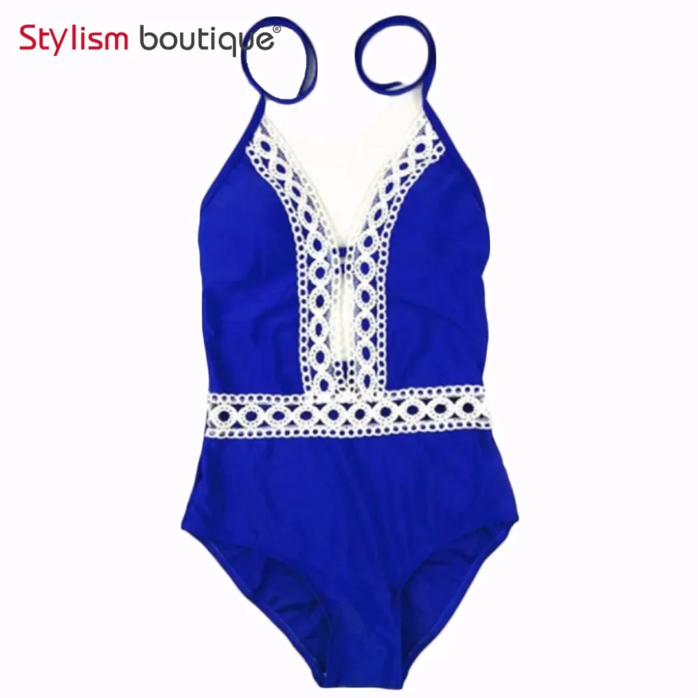 2018 кружевной лоскутный купальник женский цельный с глубоким вырезом купальный