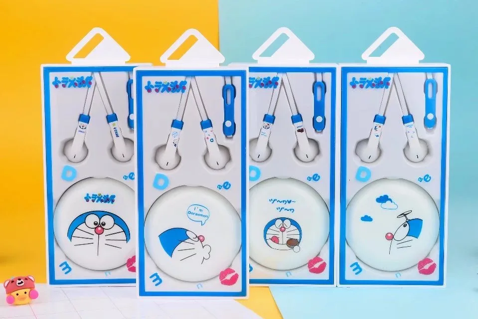 Милый нарисованный Дораэмон мм 3,5 мм внутриканальные стерео наушники Kawaii Earbud с микрофоном для мобильного телефона iPhone с коробкой для хранения