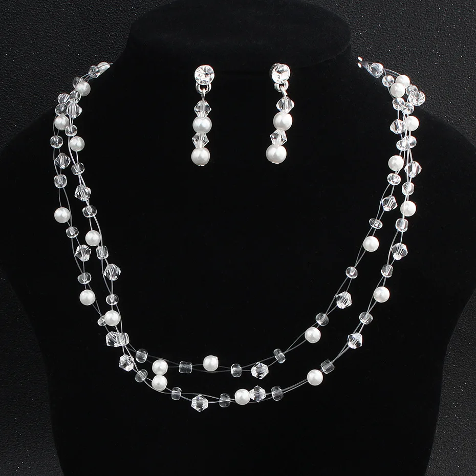 

Popular Woven Pearl Necklace Stud Earring Rhinestone Bride Jewelry Set For Women Wedding