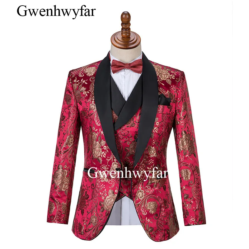 Элегантные костюмы Gwenhwyfar Jujube с красными и золотыми цветами мужские смокинги для