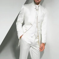 vintage white long tunic men suits for groom wedding tuxedo with stand collar 3 piece male fashion clothes set jacket vest pants