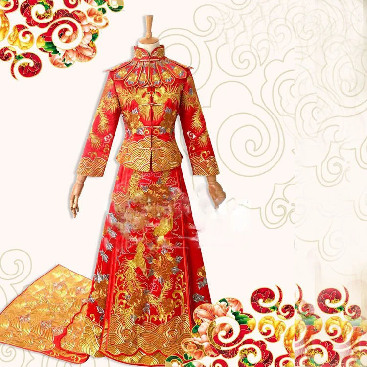 Long Tailed Phoenix Embroidery XiuHeFu Chinese Traditional Wedding Hanfu Bride Dress Republican Period Wedding Hanfu Costume