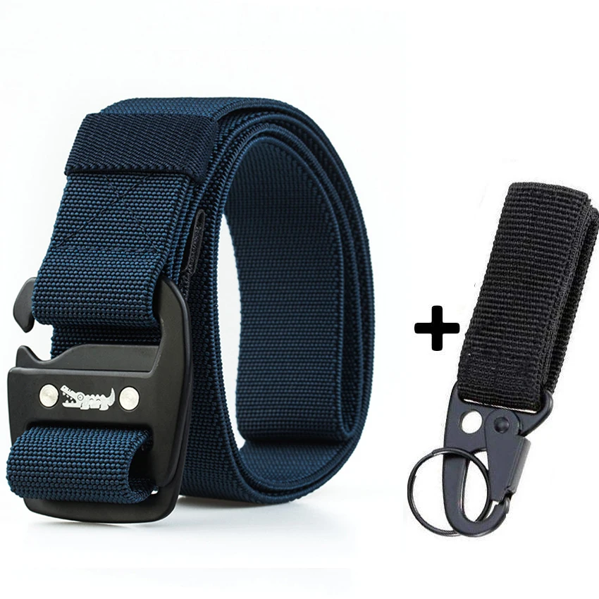 Blue Match Belt Эластичный холщовый ремень для мужчин для джинсов, брюк, армейский крокодиловый дизайнерский ремень с металлической пряжкой, повседневный длинный нейлоновый пояс, черный мужской подарок - Цвет: Blue Match Belt