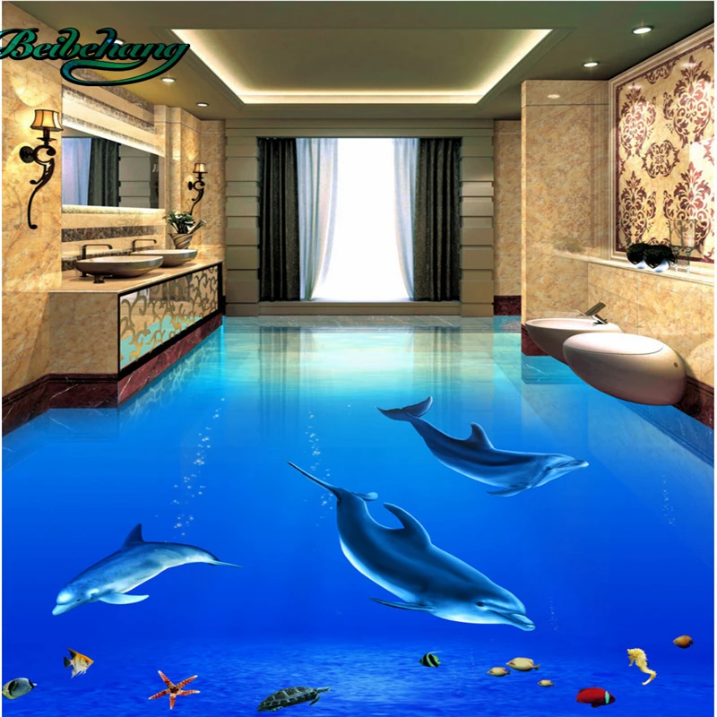

beibehang Large Custom Wallpaper Mural Aesthetic Dolphin Underwater World 3D 3D Bathroom Floor Tile Painting