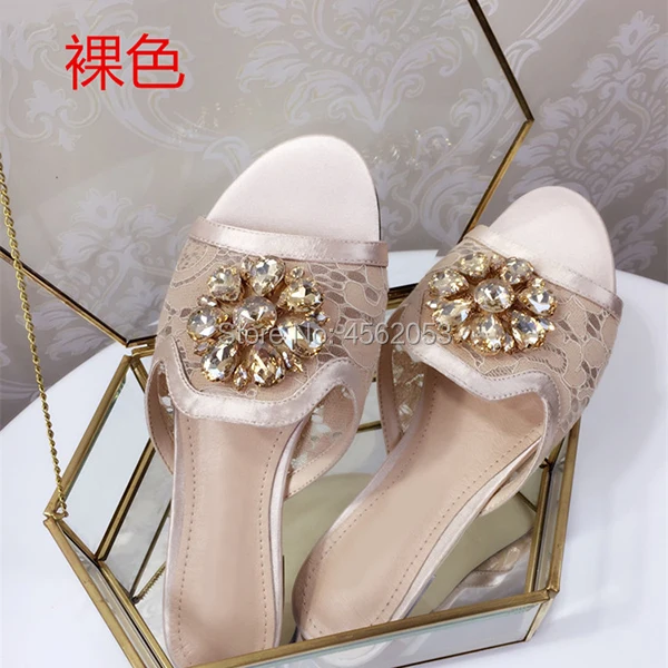 KALMALL sapato feminino/Новые летние шлепанцы; обувь на плоской подошве; Потрясающие наружные горки с бриллиантами; Роскошный цветок со стразами; кружевные шлепанцы