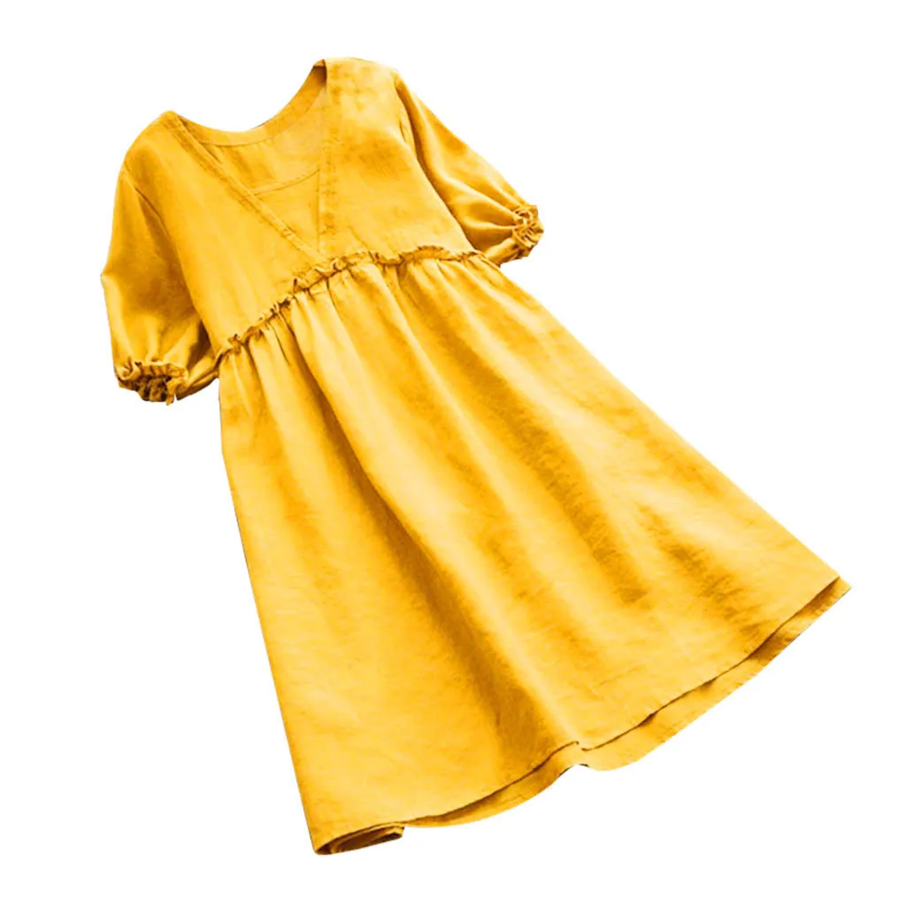 Robe femme b, женское летнее платье с коротким рукавом, однотонное, свободное, с оборками, модный длинный топ, повседневное платье, vestidos femininos, женское элегантное платье - Цвет: Цвет: желтый