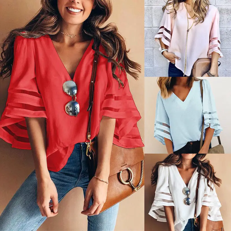 Summer Office Ladies Women's Casual V-Neck Flare Sleeve Loose Shirts Over Sized Cardigan Chiffon Coat Jacket Blouse | Женская одежда