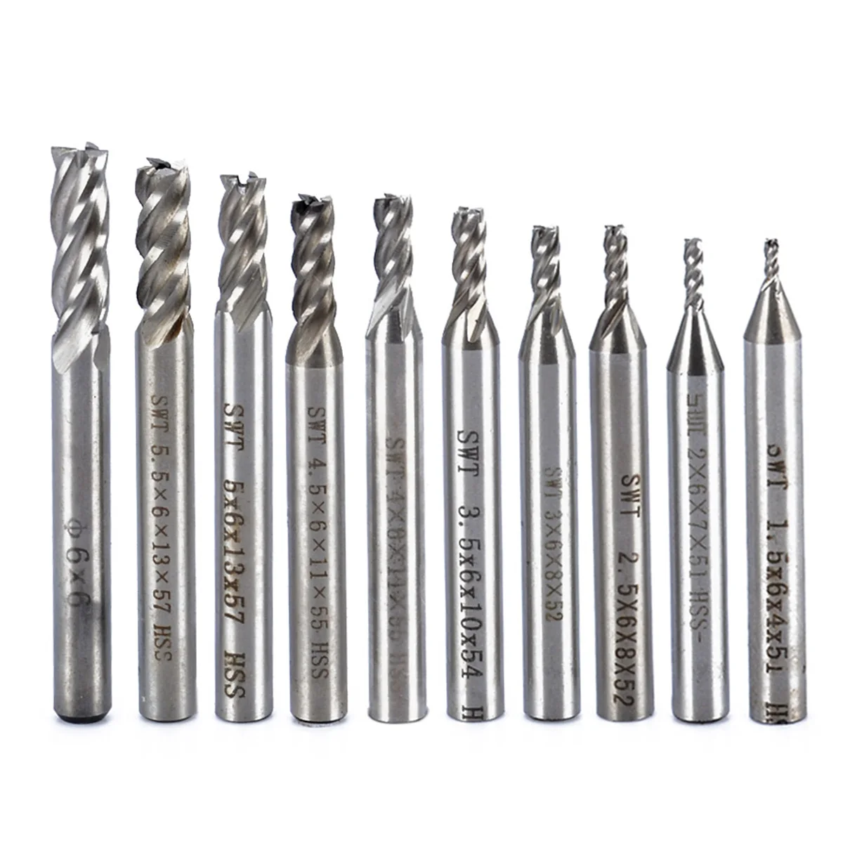 

10Pcs HSS 4 Flute End Mill Milling Cutter Tool Set 1.5/2/2.5/3/3.5/4/4.5/5/5.5/6mm Straight Shank Router Bit Set CNC Tools