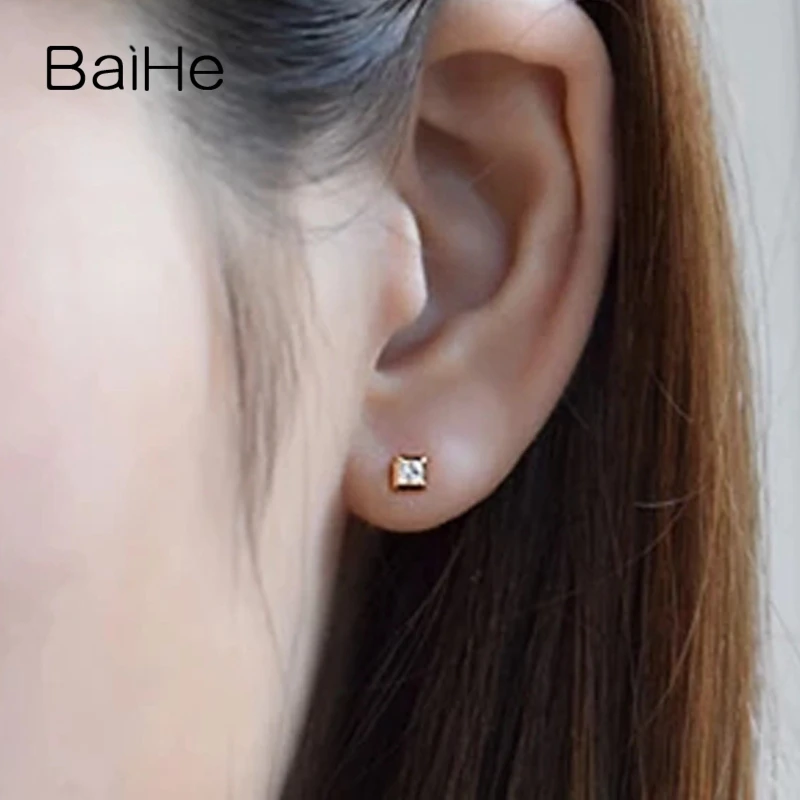 BAIHE Твердые 14 к желтое золото 0.20ct Принцесса Форма I-J/SI настоящие натуральные бриллианты Свадебные трендовые ювелирные изделия серьги-гвоздики